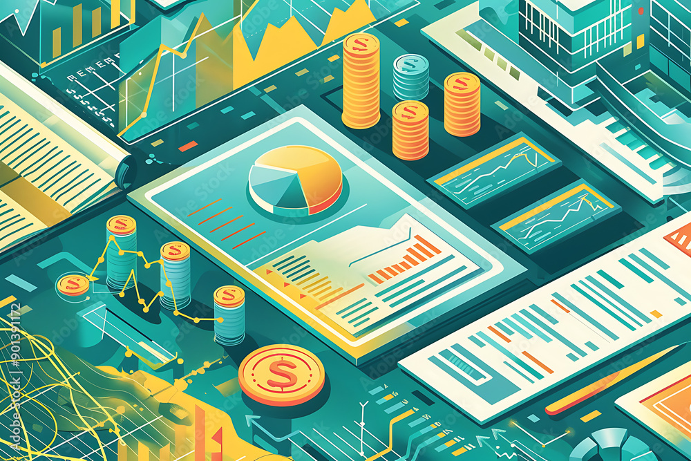 An illustration depicting investments, showcasing financial growth, a diversified portfolio, and wealth management. The scene includes elements such as graphs, charts, coins, and financial documents, 