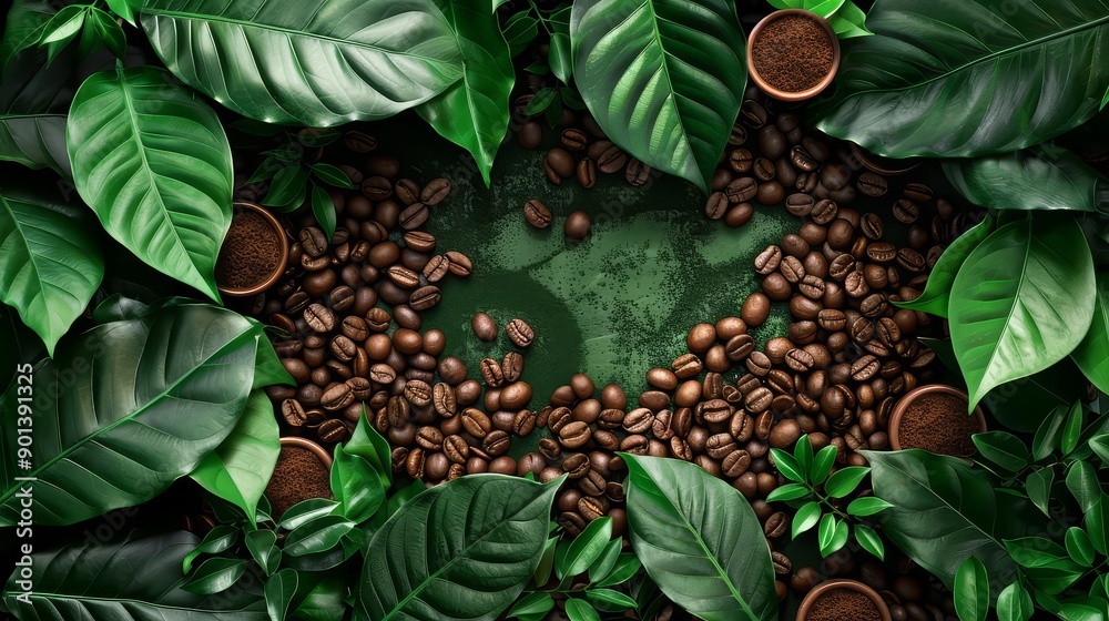 Obraz premium a background image of coffee beans with green leafs