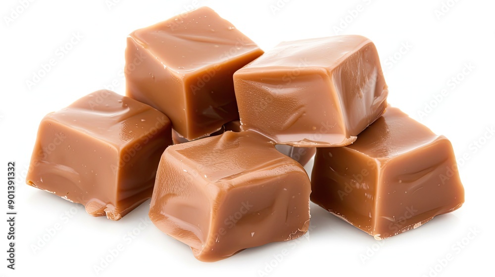 Delicious Soft Caramel Squares Piled Together on a White Background Delicious Soft Caramel Squares Piled Together on a White Background