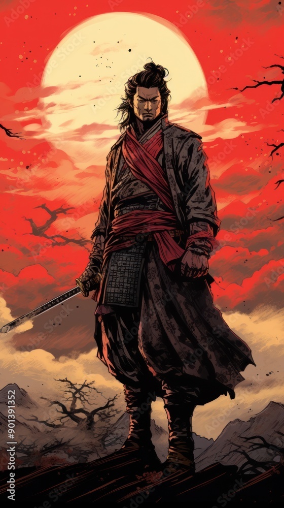Naklejka premium Samurai comics adult architecture.