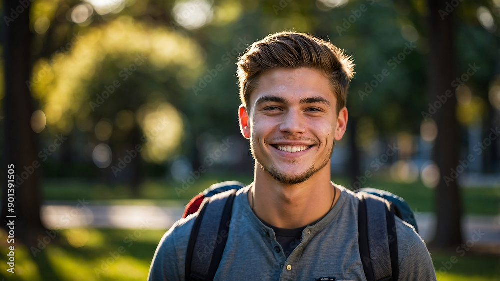 Handsome 24 year old american man with backpack smiling in park Handsome 24 year old american man with backpack smiling in park