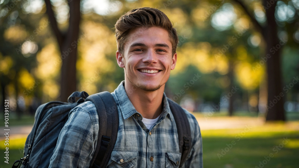 Handsome 24 year old american man with backpack smiling in park