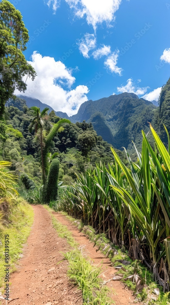 Fototapeta premium Scenic Dirt Path Leading Through Lush Greenery in Tropical Mountains