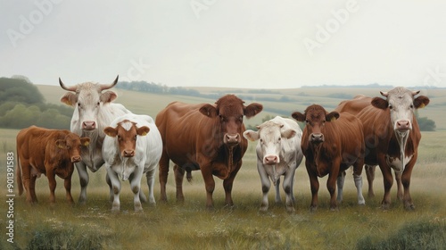A group of cattle, including both brown and white cows, standing together in a grassy field with a hilly landscape in the background. The image depicts a tranquil rural scene. © Sergey