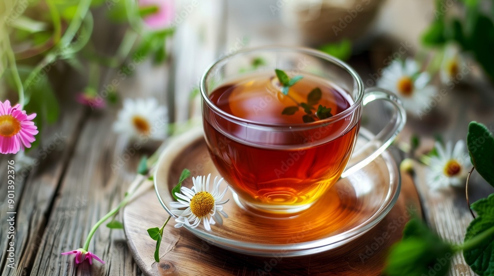 Cup of herbal tea with chamomile on rustic table Cup of herbal tea with chamomile on rustic table