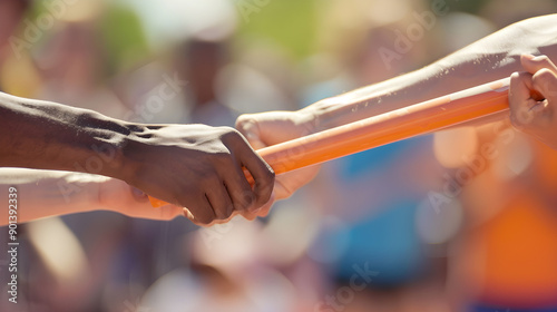 Athletes in a relay race passing baton seamlessly, working together as a team for victory. photo