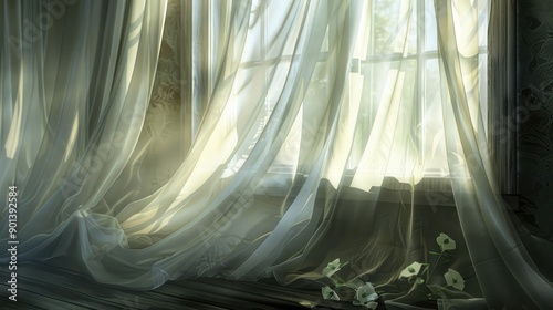 Elegant sheer curtains billowing softly in the breeze from an open window, creating a serene and airy atmosphere.