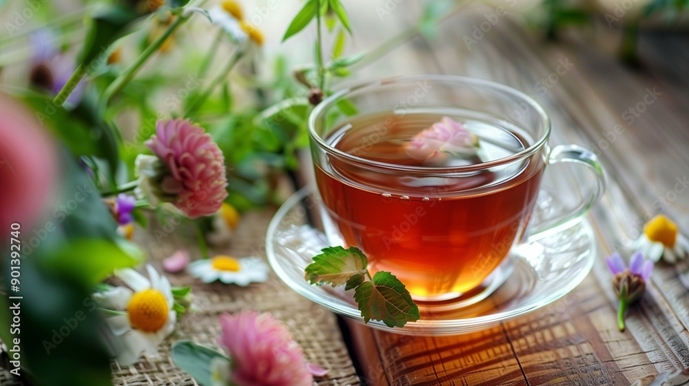 Cup of herbal tea with chamomile on rustic table Cup of herbal tea with chamomile on rustic table