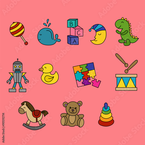 A pattern set of cute children's toys for a happy childhood