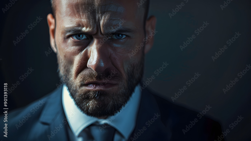 Fototapeta premium Angry looking businessman working in the office, stressed adult at work
