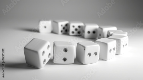 Falling dominoes on a plain background, representing cause and effect.