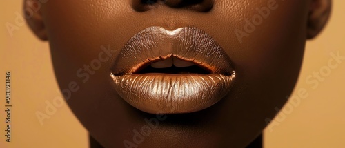 Close-up of metallic gold lips on dark complexion, showcasing vibrant makeup artistry against a soft golden background.