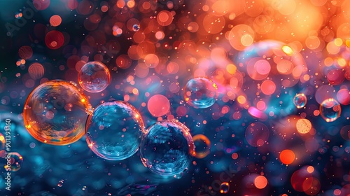 Colorful soap bubbles floating in the air, vibrant and colorful, creating an enchanting atmosphere
