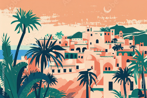 Risograph artistic riso print travel poster, card, wallpaper or banner illustration, modern, isolated, clear, simple of Ghadames, Libya. Artistic, screen printing, stencil photo