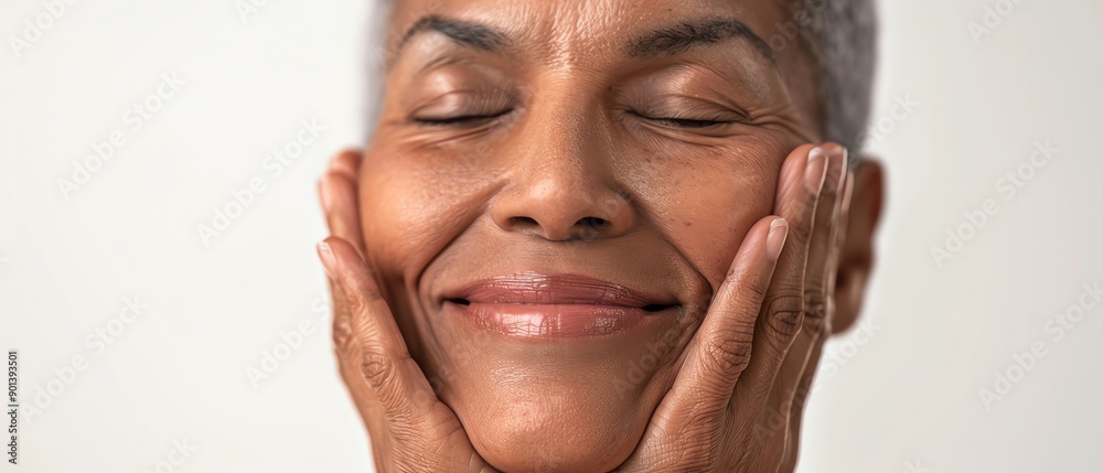 Elderly person with a serene expression, touching her face gently with eyes closed against a plain background. Elderly person with a serene expression, touching her face gently with eyes closed against a plain background.