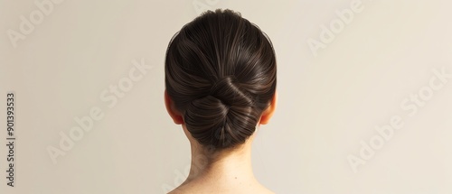 Elegant hairstyle with a sleek bun viewed from the back. Perfect for stock image showcasing haircare, beauty, and styling concepts.