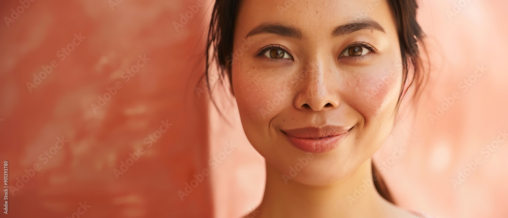 Naklejka premium Portrait of a smiling woman with natural makeup and a soft background, exuding confidence and warmth.