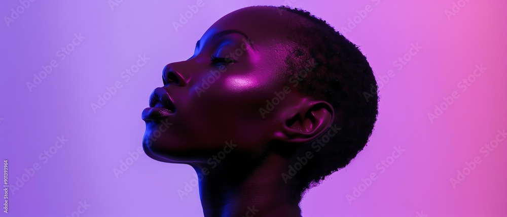 Striking profile of a woman in dynamic lighting with blue and purple hues, highlighting her features and creating a dramatic, artistic effect. Striking profile of a woman in dynamic lighting with blue and purple hues, highlighting her features and creating a dramatic, artistic effect.