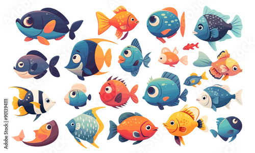 cartoon fish set. sticker bright cute kind aquarium marine. vector illustration