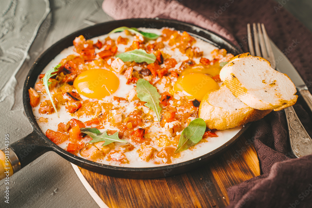Scrambled eggs with tomatoes, peppers, shallots and bacon in a cast iron skillet with slices of bread. Delicious, nutritious and healthy breakfast Gray background, burgundy napkin. High quality photo Scrambled eggs with tomatoes, peppers, shallots and bacon in a cast iron skillet with slices of bread. Delicious, nutritious and healthy breakfast Gray background, burgundy napkin. High quality photo