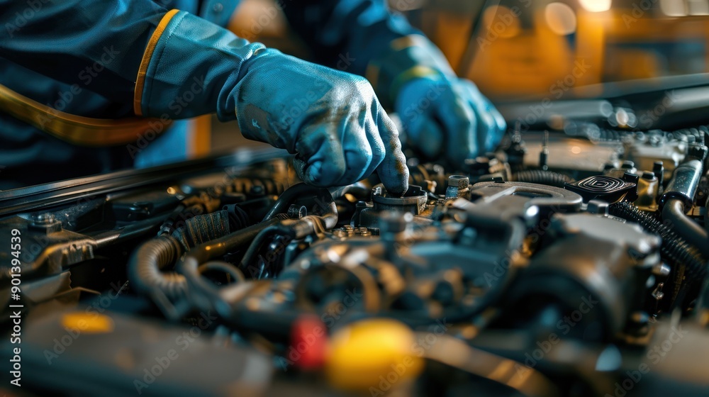 Close-up of a mechanic working on a vehicle engine, showcasing precision and craftsmanship in automotive repair. Close-up of a mechanic working on a vehicle engine, showcasing precision and craftsmanship in automotive repair.