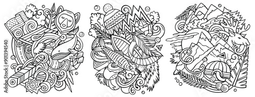 Wallpaper Mural Alaska cartoon vector doodle designs set. Line art detailed compositions with lot of USA State objects and symbols Torontodigital.ca