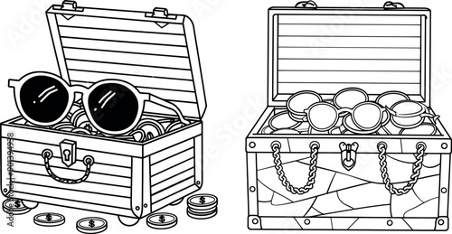 Detailed silhouette, outline, and mono line of treasure chest. Continuation of one line.