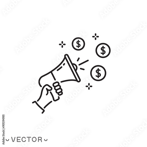 megaphone with dollar coins icon, loudspeaker for business marketing, thin line symbol isolated on white background, editable stroke eps 10 vector illustration
