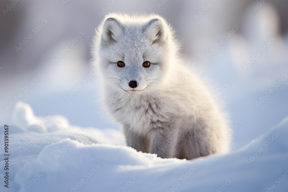 Serene arctic fox stands in a snowy landscape, showcasing its winter coat Serene arctic fox stands in a snowy landscape, showcasing its winter coat