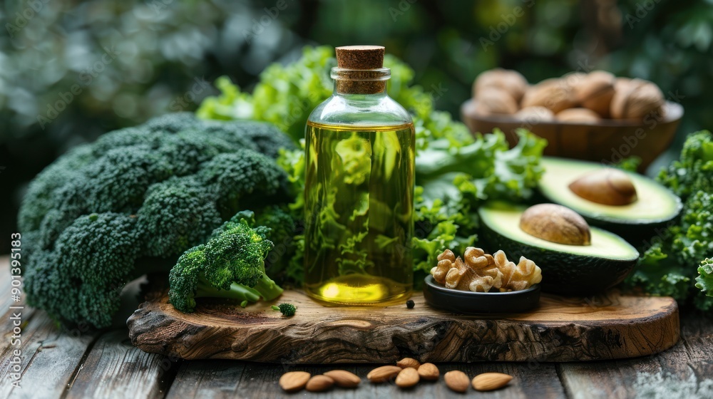 Healthy ingredients including olive oil, broccoli, avocado, nuts, and leafy greens on a rustic wooden surface. Healthy ingredients including olive oil, broccoli, avocado, nuts, and leafy greens on a rustic wooden surface.