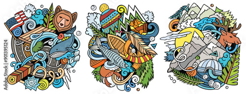Alaska cartoon vector doodle designs set. Line art detailed compositions with lot of USA State objects and symbols