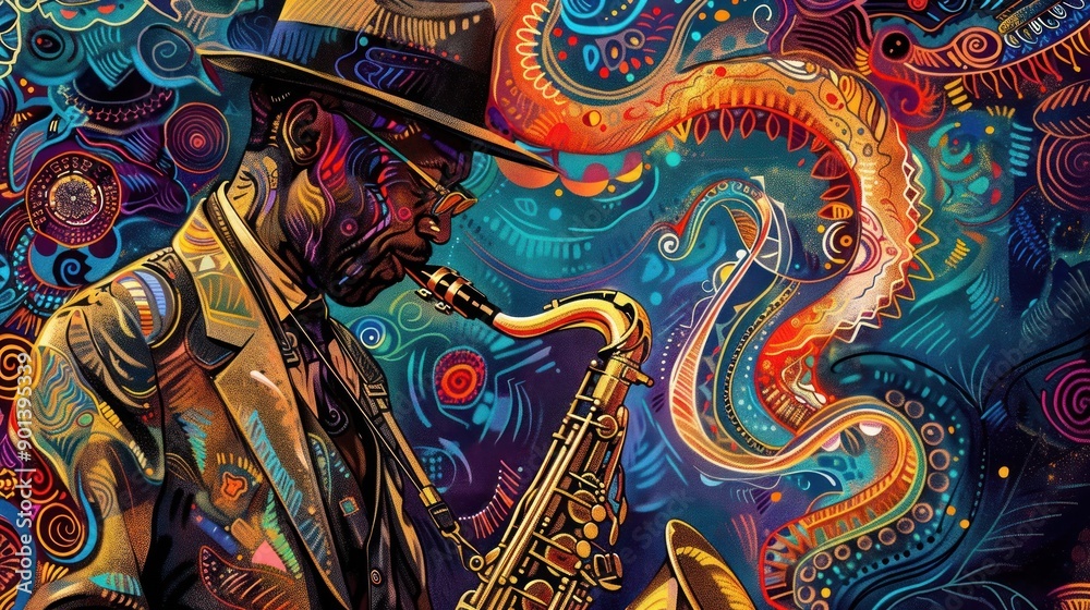 Obraz premium A vibrant jazz musician plays saxophone, surrounded by a colorful abstract background, capturing the essence of musical passion.