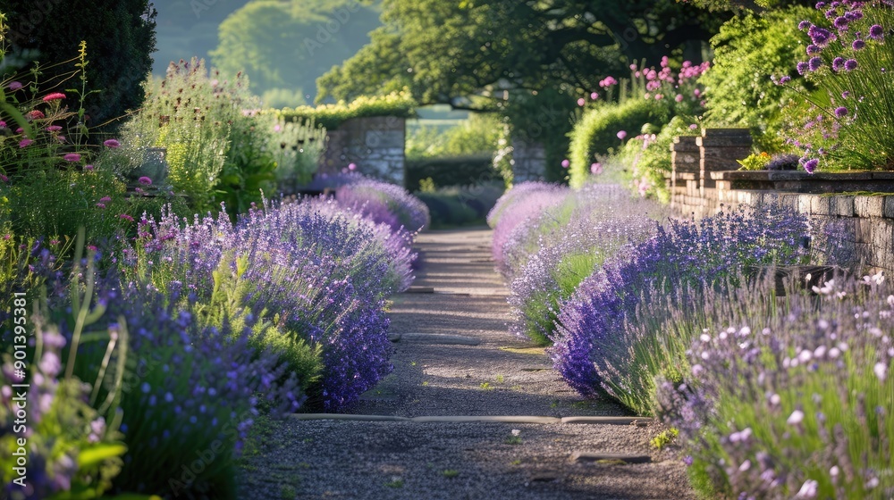 Obraz premium Rows of lavender in a well-maintained garden, with the flowers in full bloom and a gentle breeze swaying the stems.