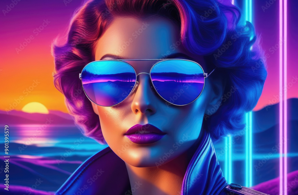 3D virtual reality sunset with stylish girl in sunglasses, retro 80s portrait in 1980s style. 3D virtual reality sunset with stylish girl in sunglasses, retro 80s portrait in 1980s style.