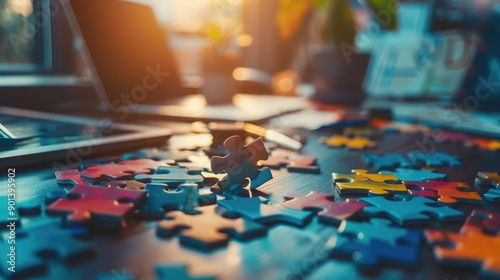 Business puzzle pieces on a desk, representing strategy and planning.