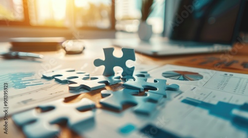 Business puzzle pieces on a desk, representing strategy and planning.