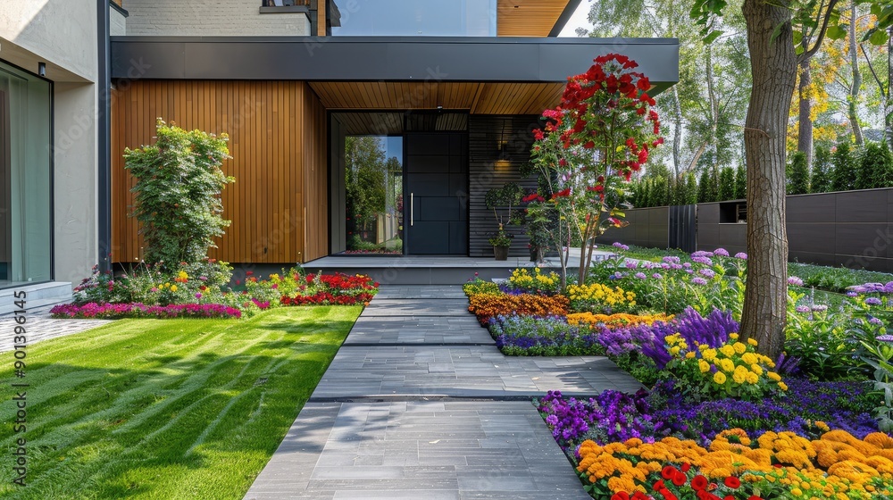 Obraz premium Vibrant flower beds lining the pathway leading to the front door of a modern house, creating a welcoming and lively entrance.