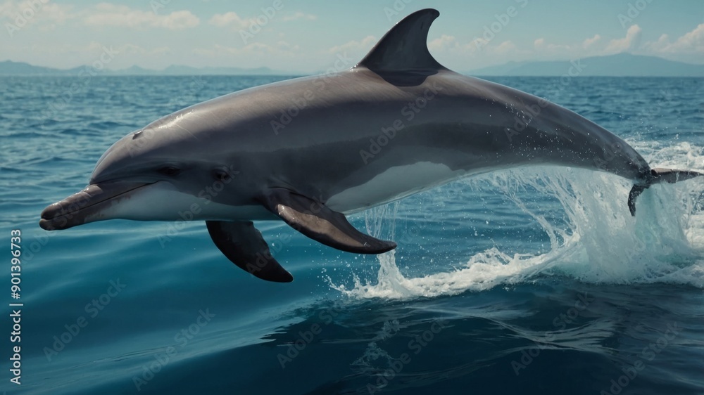 Fototapeta premium Simple, striking ad featuring a lone dolphin for ecofriendly brands in a clean aesthetic.