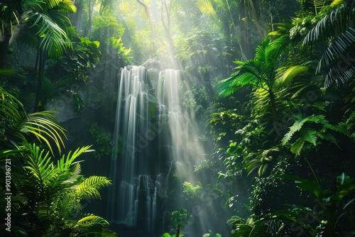 Scenic view of a cascading waterfall in the heart of a lush tropical rainforest photo