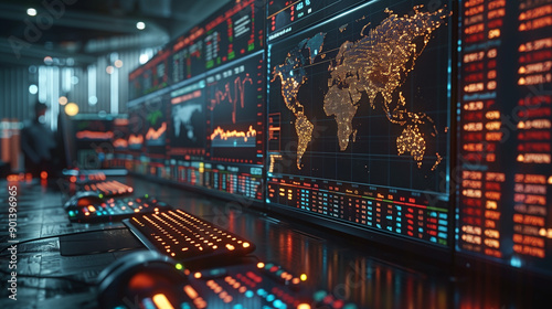 A bustling forex trading room. Screens displaying currency pairs like EUR/USD, GBP/JPY, and USD/JPY with real-time exchange rates. photo