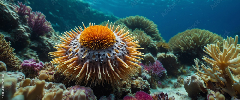 A mesmerizing scene featuring a sea urchin camouflaged among colorful oceanic flora, with the background gently blurred to accentuate the beauty of the underwater ecosystem.