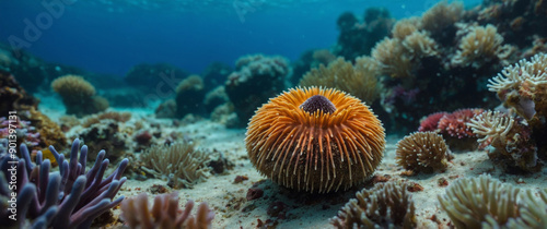 Wallpaper Mural A mesmerizing scene featuring a sea urchin camouflaged among colorful oceanic flora, with the background gently blurred to accentuate the beauty of the underwater ecosystem. Torontodigital.ca