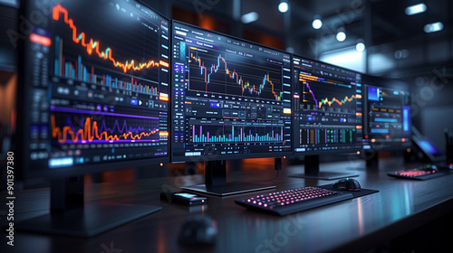 A bustling forex trading room. Screens displaying currency pairs like EUR/USD, GBP/JPY, and USD/JPY with real-time exchange rates. photo