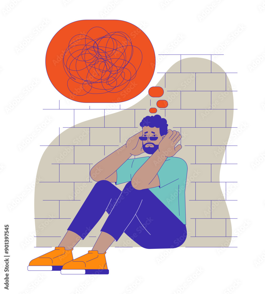 Mental health crisis 2D illustration concept. Black man holding head ...