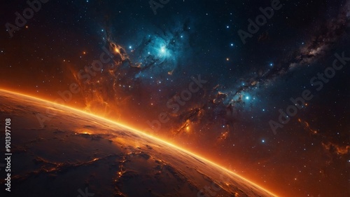 the cosmos on a sea of orange light with a captivating abstract space background that captures the beauty and mystery of the universe,.