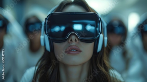 Young Woman Engaged in Virtual Reality Experience in High-Tech Environment With Others in Background