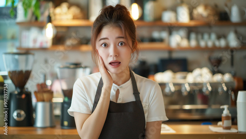 Asian female cafe staff or barista, copy space, surprised look on face 