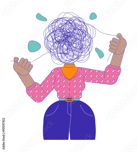 Mental health struggles 2D illustration concept. Faceless woman with chaotic mind cartoon character isolated on white. Disorganized mind. Intrusive thoughts metaphor abstract flat vector graphic