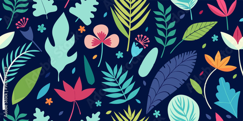 Colorful leaves and flowers pattern on dark blue background. A beautiful seamless pattern featuring colorful leaves and flowers on a deep blue background, perfect for creative arts and textile designs