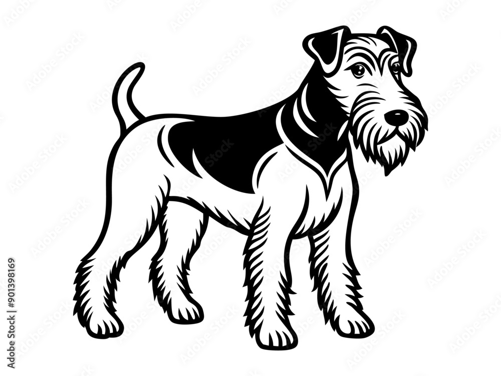 Airedale Terrier dog full body icon Black and white logo, dog silhouette, engraving style. Pet character. Vector illustration Airedale Terrier dog full body icon Black and white logo, dog silhouette, engraving style. Pet character. Vector illustration